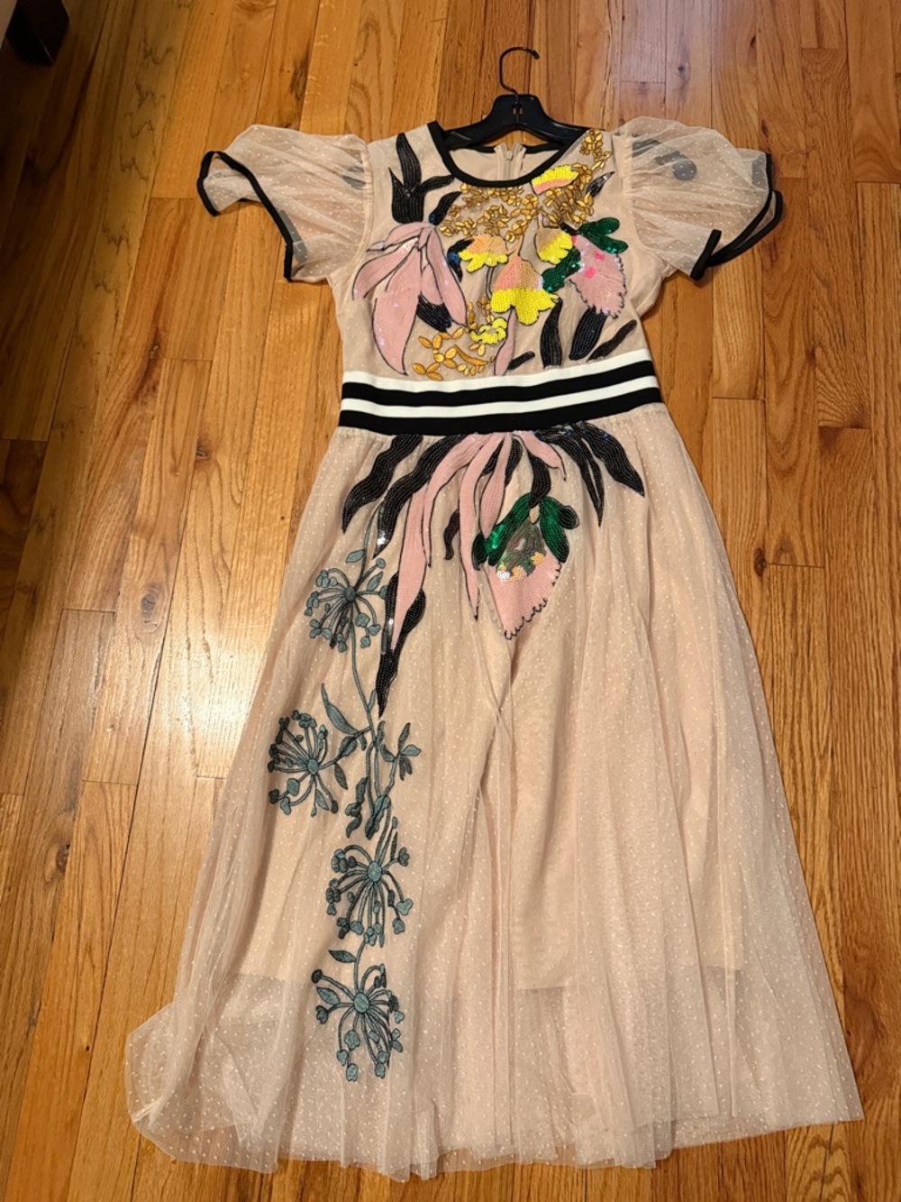 Womens Pink Floral Embroidered Tulle Dress
